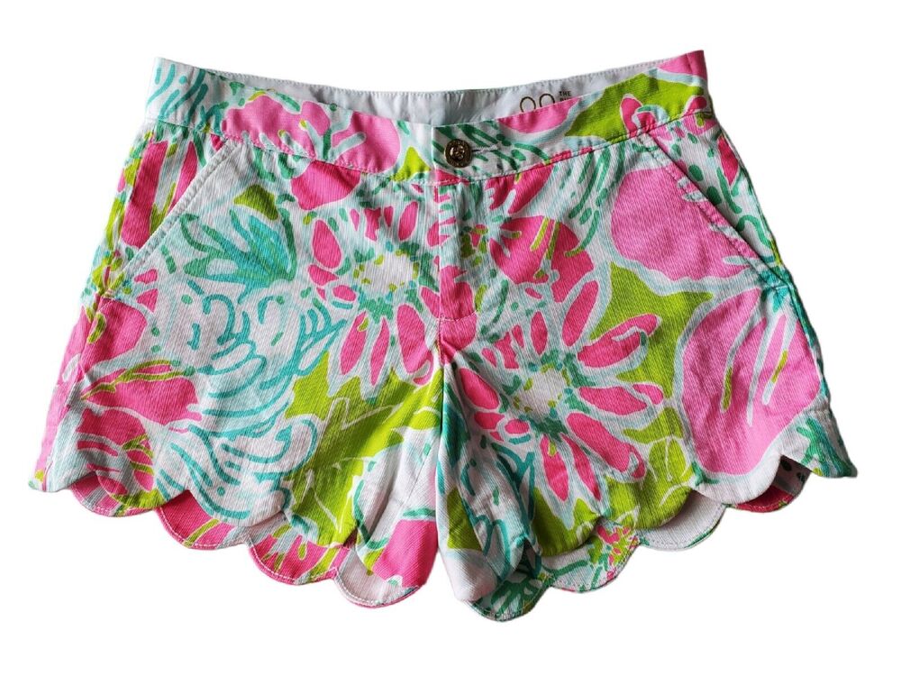 LILLY PULITZER 00 Buttercup Shorts Scalloped Hem Pink Aqua Floral Waist 28"
